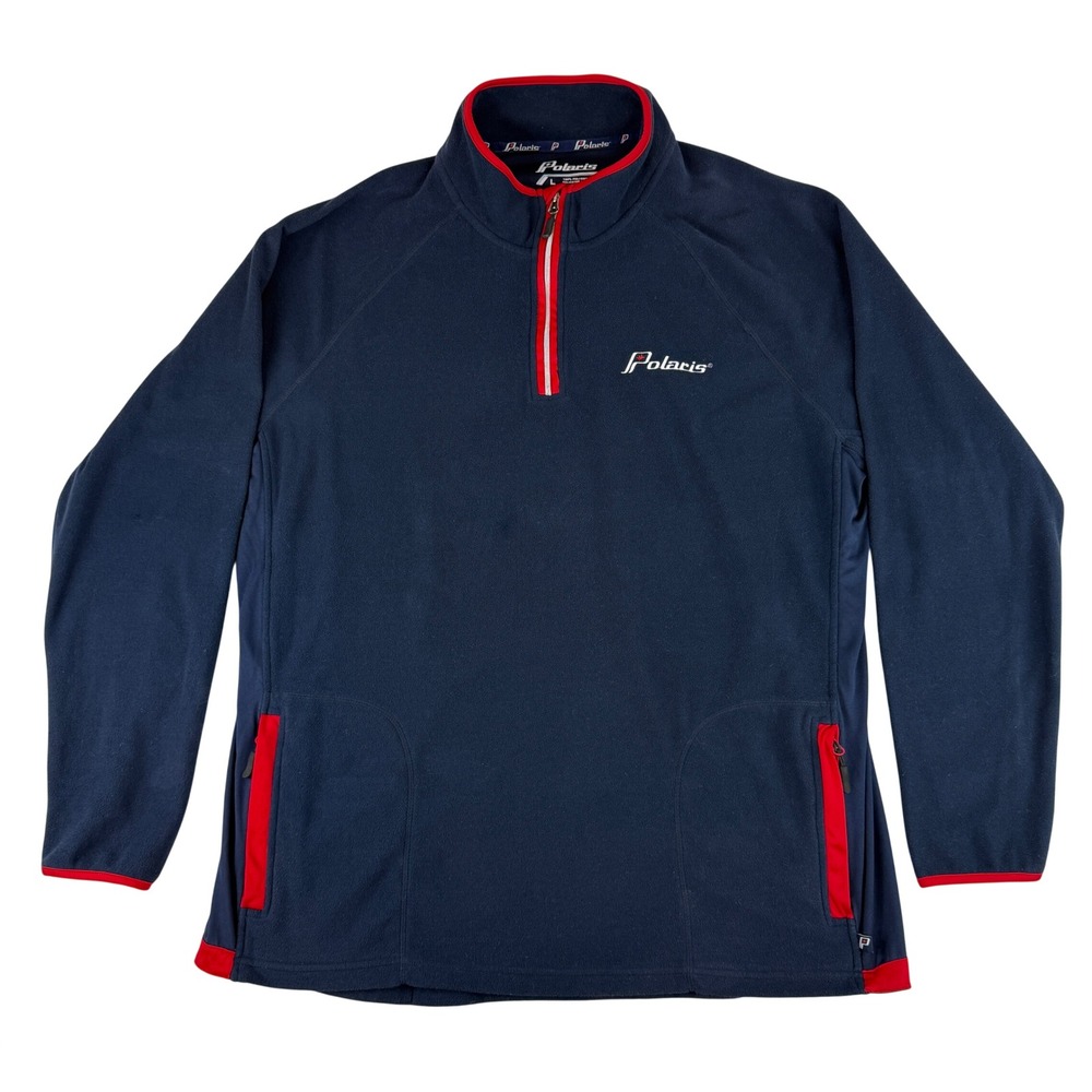 Polaris Fleece Pullover Mens Large Navy Blue Red 1/4 Zip Thumbhole Active Jacket